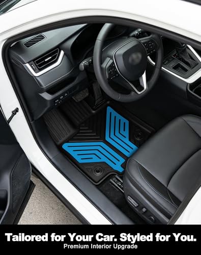 Image of Premium Color TPE Floor Mats Custom Fit for Toyota RAV4 2019-2025 (Only for Hybrid)| Hydro Blue Wing Design | All-Weather Heavy Duty Car Floor Liners Full Set 1st & 2nd Row