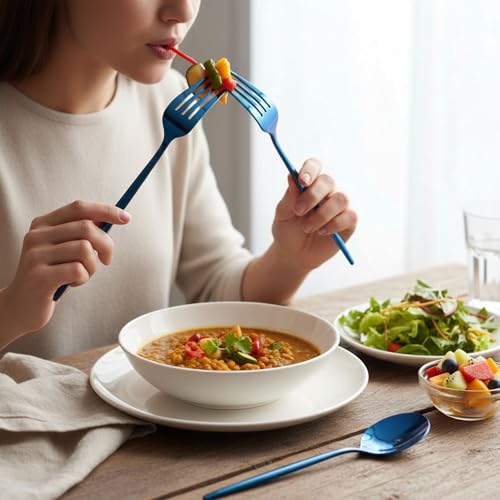 Image of Slim Handle Blue 30 Pcs Stainless Steel Cutlery Set for Dining Table, Dishwasher Safe Glossy Flatware (6 Spoon Set+6 Forks Set+6 Butter Knife+6 Dessert Spoon+ 6 Fruit Fork)