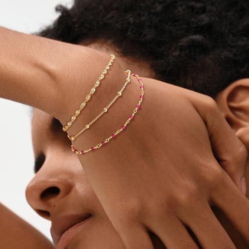 MEVECCO Dainty Gold Beads Bracelets,18K Gold Plated Handmade Cute Rose Red Zircon Bead Chain Minimalist Bracelet for Women Jewelry Gifts2