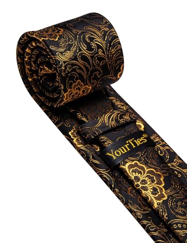 Image of YourTies Black Gold Ties for Men Silk Floral Men's Necktie Woven Jacquard Formal Business Party Wedding Designer