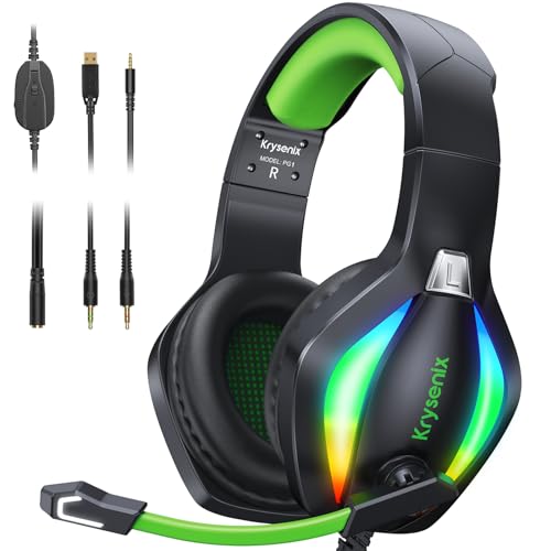 Krysenix PG1 Auriculares Gaming para PS4/PC/Nintendo Switch/Xbox, Cascos PS5 con Micrófono, Cascos Gaming Cancelación de Ruido, Auriculares Xbox One con Conector de 3.5 mm y luz RGB, Negro/Verde