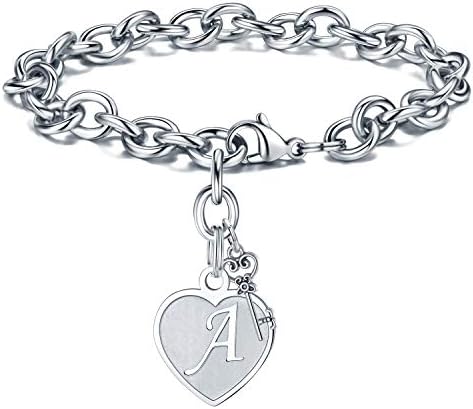 Initial Charm Bracelet for Women - Engraved Letter A Initial Bracelet Womens Stainless Steel Heart Letter Charm Bracelet Adjustable Birthday Christmas Valentines Gifts for Her Women Teen Girls