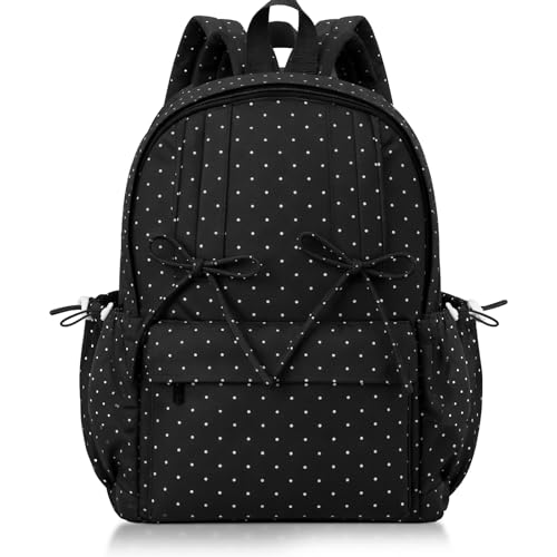 Klyyo Clyro Polka Dot Backpack for Women Black White Kawaii Nylon Bookbags with Bow Ladies Polka Dot Rucksack Casual Daypack(Large)