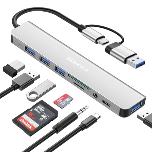 DEMKICO 8 en 1 Hub USB C con 4 Puertos USB, Lector de Tarjetas SD/TF, Conector de Auriculares de 3,5 mm, Puerto de Datos USB C, Compatible con MacBook Pro/Air/Tablet/Smartphones y más (Plateado)