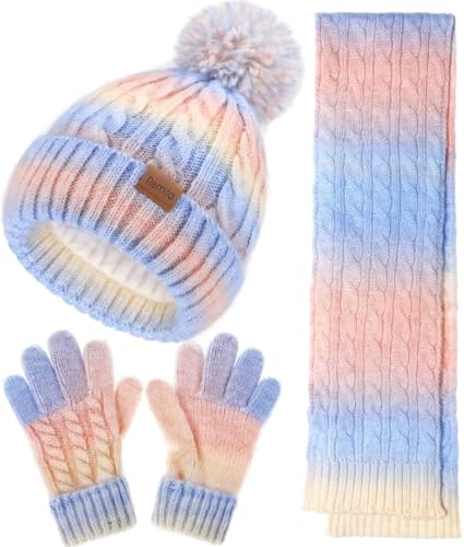 Kids Winter Hat Scarf Gloves Set, Girls Boys Toddler 8% Wool Warm Fleece Lined Pom Pom Beanie Hat Knit Neck Scarf Soft Thick Mittens Gloves for Cold Weather 3 In 1 Birthday Christmas Gift for Children