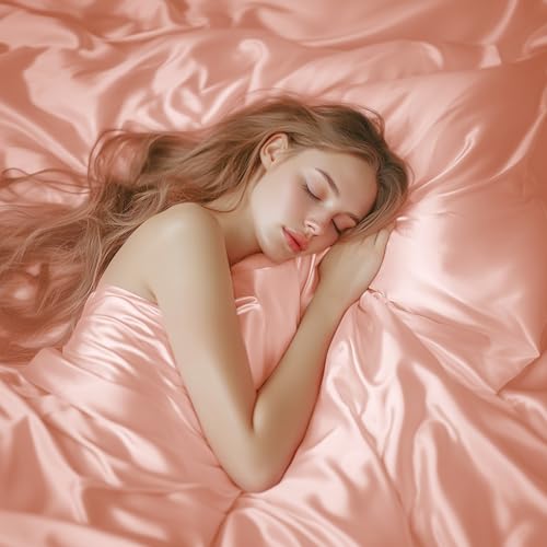 Love's cabin Satin Queen Sheets Set - 4 Piece Coral Silky Bed Sheets with Deep Pocket, Luxury Silk Feel Satin Queen Size Sheet Set (1 Flat Sheet,1 Fitted Sheet,2 Pillow Cases)