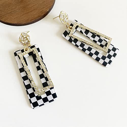 Elegant 60s 70s Vintage Black And White Acrylic Grid Dangle Drop Earrings Dainty Chic Sparkly Crystal Hollow Resin Rectangle Geometry Stud Earring for Women3