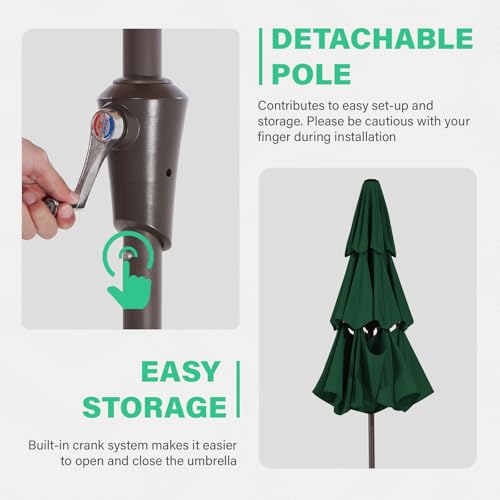 Image of JEAREY 9FT 3 Tier Patio Umbrella Outdoor Market Umbrella Table Umbrellas with 8 Ribs 1.5 Pole Push Button Tilt and Crank UV Protection for Garden,Dark Green
