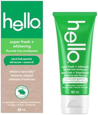 Hello Vegan Fluoride-Free Toothpaste, Moisturizing Hemp Seed Oil + Coconut Oil, Super Fresh Family Farmed Spearmint, Naturally Whitening Toothpaste, Helps Remove Plaque , 82ml
