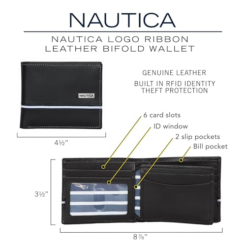 Image of Nautica Men's Bifold Leather Wallet | RFID Blocking | ID Window | Card Slots | Organization | Durable | Stylish