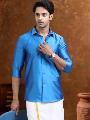 Image of Tattva Men Silk Blend Ethnic Shirt | Traditional South Indian Wear for Wedding, Festivals & Casual Wear
