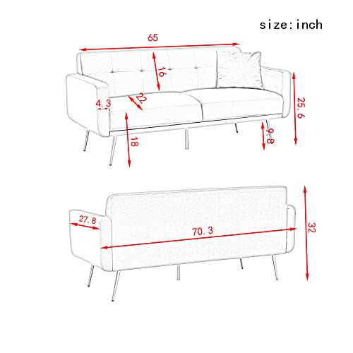 Fulife 70.3In Upholstered Velvet Futon Loveseat Sofa With Throw Pillows& Metal Legs, 2-Seats Sofá Accent Couch For Living Room, Bedroom, Apartment, Office, Small Spaces, Beige 70.3" W #TOP1