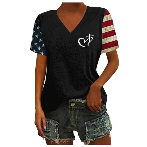 Camiseta casual de manga corta con cuello en V y estampado para mujer, color neón, Negro , S