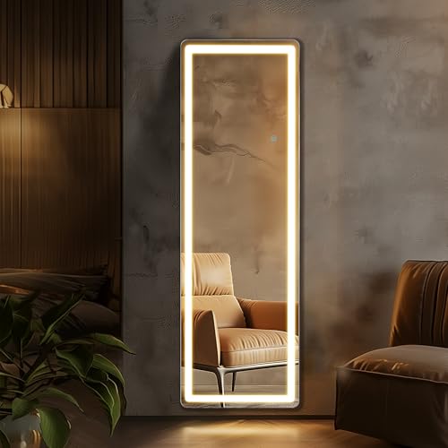 COZIFURNI 16''×60'' Led Full Length Mirror with Lights Stand or Wall Mount, Long Body Mirror with 3 Color & Dimmable Lights Aluminum Alloy Frame Shatterproof Glass for Bedroom Bathroom, White
