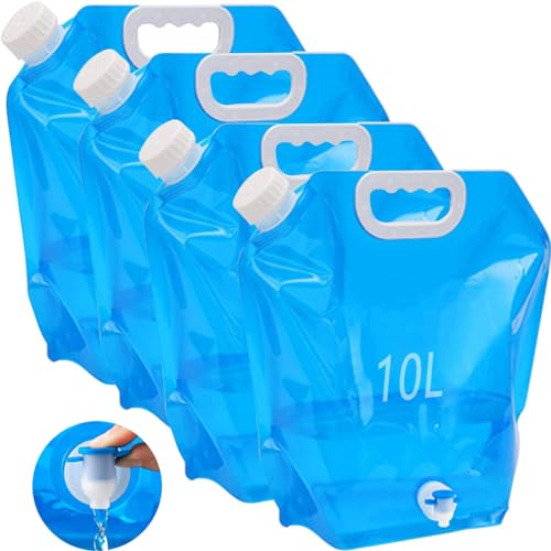 Kamiya 4 bidones de agua plegables de 10 l con tapa hermética y válvula, bidón de agua flexible, 10 litros, plegable, sin BPA, para camping al aire libre