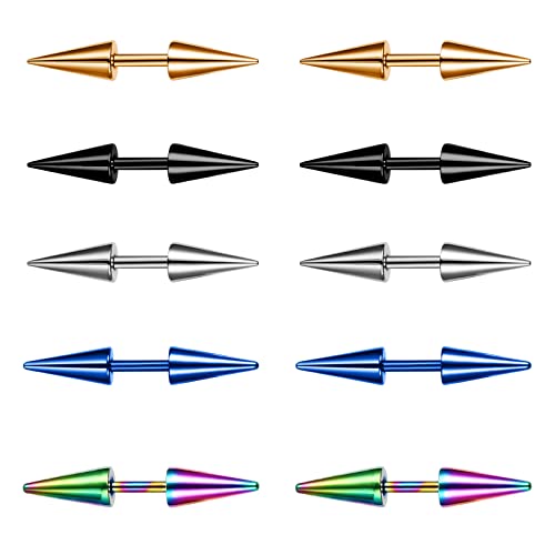 Aroncent 12PCS Stainless Steel Fake Taper Earrings for Men Women Fake Illusion Tunnel Cheater Spike Earrings Fake Plug Earrings Piercing Jewelry