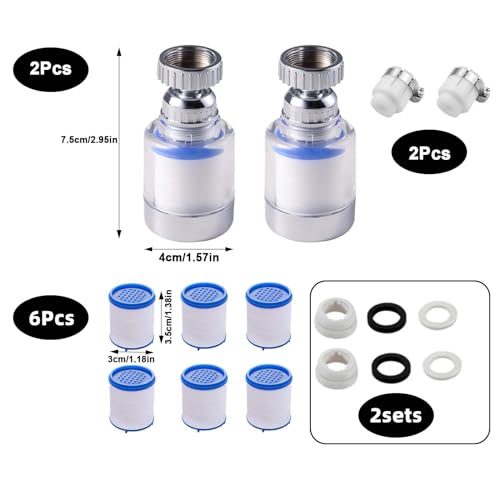 XIATIAN 2 Stück Wasserfilter Wasserhahn, 360° Wasserhahn Filter mit 6 Stück PP-Baumwollfilterelement Und Universaladapter, Wasserhahnfilter für Zuhause, Küche, Bad, Waschbecken