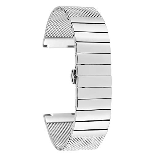 24MM Silver Stainless Steel with Mesh Wristwatch Band, Luxury Replacement Watch Band, Classic Butterfly Buckle Watches Strap