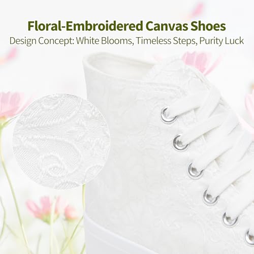 BENPAO Women's High Top Canvas Sneakers, Floral Embroidered Fashion Tennis Shoes - White Breathable Casual Walking Shoes2