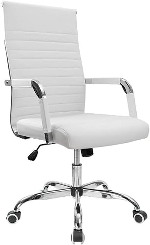 VICTONE Leather Office Desk Chair, Ribbed Executive Modern Conference Room Chairs with Arms Task Chair Adjustable Swivel Chair for Home Office (White, Mid Back)