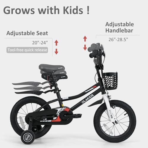 Image of Olakids Kids Bike, 12 14 16 18 Inch Toddlers Bike with Training Wheels Basket Adjustable Seat and Handlebar, Handbrake and Coaster Brake, Children's Bicycle for Boys Girls 3-8 Years Old