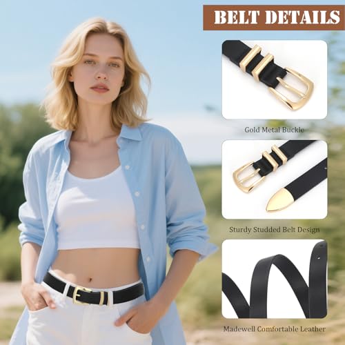 2 Pack Women Leather Belt Black Western Wais Belt with Gold Buckle Women for Jeans Pants4