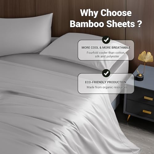 Image of Shilucheng 4 Piece King Sheet Sets, Cooling Sheets, Blend Rayon Derived from Bamboo, Deep Pocket Up to 16 inch, Breathable & Soft Bed Sheets, Hotel Silky Bedding Set, Grey