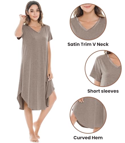 Image of NACHILA Nightgowns for Women-Viscose Made from Bamboo, V Neck Sleepshirts Short Sleeve Sleepwear Cool Nightshirt