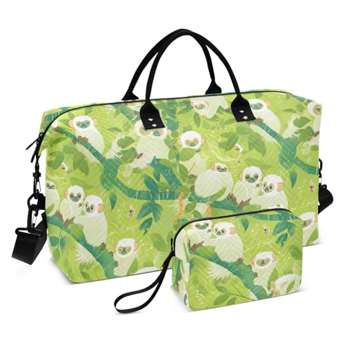 Travel Hand Bag Cartoon Sifaka Light Green Shoulder Weekender Overnight Bag with Toiletry Bag for Workout 2 Pcs Set bolso viajero para mujer