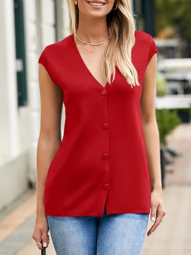 Image of Saodimallsu Womens Deep V Neck Sweater Vest Sleeveless Knit Button Up Loose Fit Cap Sleeve Trendy Summer Tops