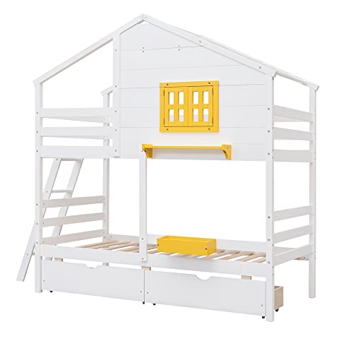 Durab House Bunk Bed, Bunkbeds Twin Over Twin Bunk Beds With Roof Window And 2 Storage Drawers Wood Twin Bunk Beds No Box Spring Required For Girls Boys,White #TOP7