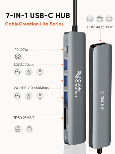 Image of CableCreation 7-in-1 USB Type C Hub,Multiport USB-C Adapter Dongle Docking Station,4K@30HZ HDMI,USB A 3.0 Port,2,2.0 Ports,100W Power Delievery and SD /TF Cards Reader Adapter(Lite Series)