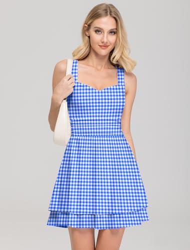 Image of IWD Women's Square Neck Sleeveless Mini Dress Ruched Waist Tiered Ruffle Hem A Line Short Dresses