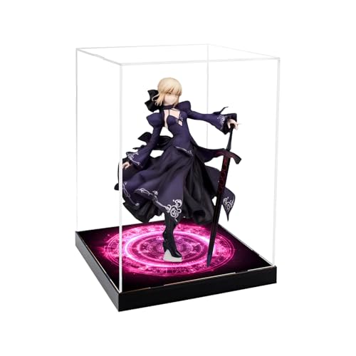 CHILLCASE Magic Array Design Acrylic Clear Display Case with Base Dustproof Display Box Assemble Collectible Showcase for Action Figures, Models PVC Figures(Red,7.9×7.9×11.8 inch