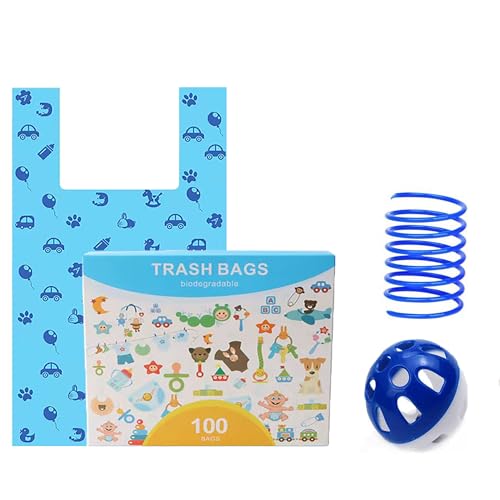 Image of Cat Litter Bags with Handles, Disposal Litter Bags for Pet Poop, Dog Poop Bag Extra-Thick Kitty Cat Waste Bags, With 1 Pcs Random Color Bell Balls Toy and Spring Toy(Unscented, 100 bags)