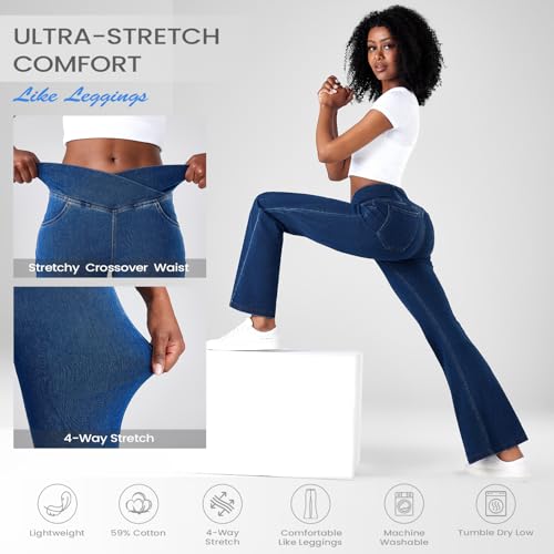 Fanica Women's High Waisted Tummy Smoothing Flare Jeans - Stretch Knit Denim Bell Bottom Pull On Leggings with Pockets4