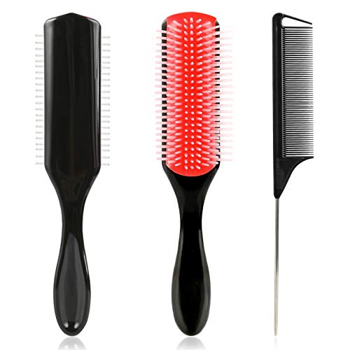 Curly Hair Brush Set for Women: 1Pcs 9-Row Nylon Cushion Brush and 1Pcs Rat Tail Comb for Home Salon Hair Styling Detangling Brush Curly Hair Brush（Black）