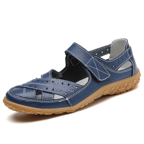 VLOOKST Zapatos Mary Jane de cuero para mujer, con soporte de arco, zapatos planos casuales para trabajo, oficina, enfermera, Blue, 39.5 EU