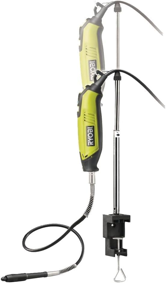 Ryobi EHT150V rotary tool connected to a flexible shaft and suspended from a telescopic hanger