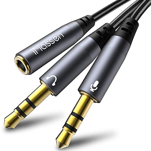 Headphone Splitter for Gaming Headset and Computer iNassen Gold-Plated Strong Braided Cable 3.5mm Audio Splitter, Mic Headphone Y Cable,Female to 2 Dual Male for Gaming Headset to PC Adapter