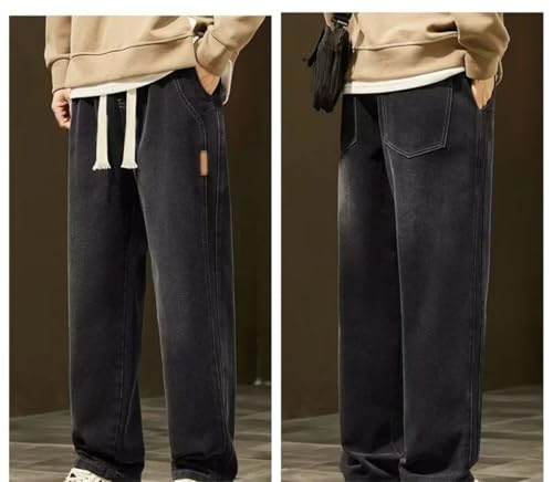 Men's Baggy Jeans Wide Leg Straight Loose Fit Drawstring Waist Casual Retro Washed Denim Pants4
