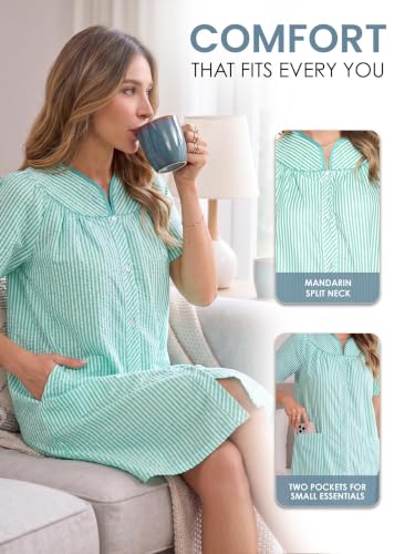 Image of Casual Nights Women's Snap - Front House Dress Short Sleeve Woven Housecoat Duster Lounger Robe with Pockets