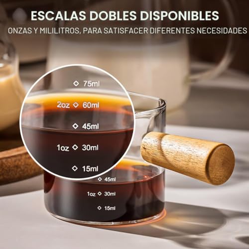 Miniatura 6 de Paracity Taza De Espresso Con Mango De Madera, Taza Medidora De Vidrio De Doble Pico Con Doble Graduación, Vaso De Chupito Con Pico En V, Accesorio De Espresso, Taza De Café De 75 Ml