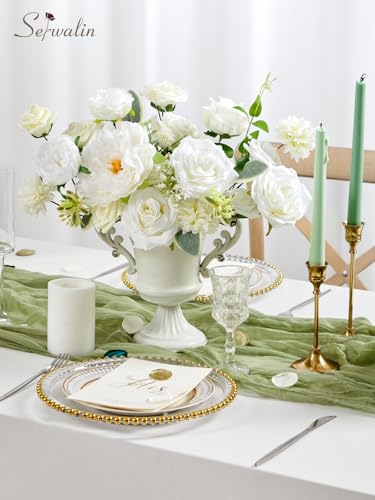 Serwalin Artificial Flowers Bridal Bouquets Realistic Fake Silk Foam Flowers Wedding White Peonies Roses DIY Centerpieces Corsage Boutonniere Home Decoration Party Arrangement Baby Shower - Image 2