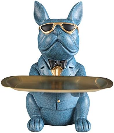 Resin Cool Dog Sculpture Bulldog Decorative Figurine Storage Tray Coin Bank Entrance Key Snack Holder Modern Art Statue Home Desktop Ornament Decoration(Blue)