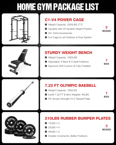 Image of C1-V4 Power Cage, 2000LBS Squat Rack with LAT Pulldown, Multi-Function Weight Cage Strength Training Machine, Workout Cage with More Attachments for Home Gym Garage