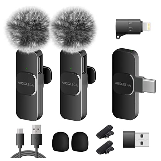 ABSGEEGA Wireless USB Lavalier Lapel Microphone for iPhone& iPad& Android Phones Professional Video Recording Lav Mic for YouTube Interview Vlog Livestream & Podcast(NO APP or Bluetooth Needed)