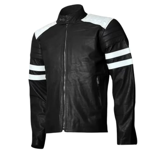 Men's Retro Cafe Racer Leather Jacket, Classic Fit, Black with White Stripes