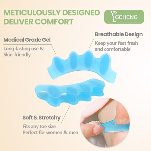 GEHENG (2 Pairs) Toe Separators Spacers for Women Men, Toe Correctors Straightener with 5 Loops for Bunion Relief, Feet Alignment & Pedicures, Stretchy Gel Toe Yoga Cushions Spreaders — view 4