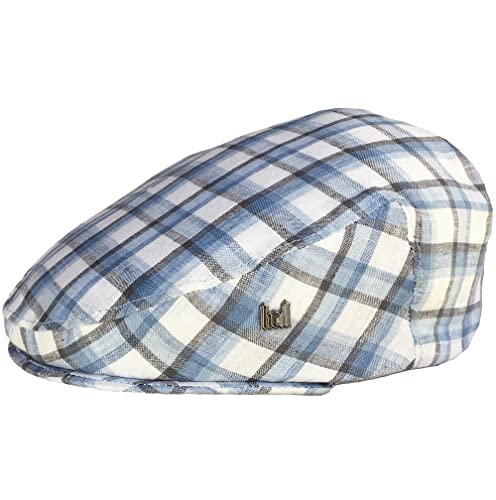 Headchange Made in USA 100% Linen Ivy Scally Summer Golf Hat Flat Cap (Large = 7 1/4-7 3/8, Blue Plaid)